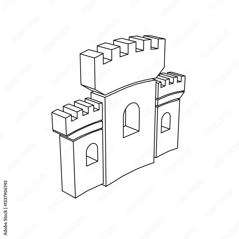 Poster the outline of a large castle symbol is made with black lines. 3d view of the object in perspective.