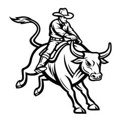 Cowboy wearing a hat intensely rides a bucking bull with force in black and white