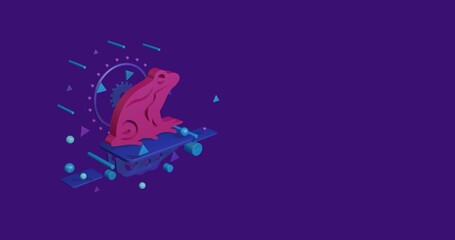 Obraz premium Pink frog symbol on a pedestal of abstract geometric shapes floating in the air. Abstract concept art with flying shapes on the left. 3d illustration on deep purple background