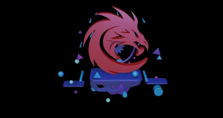 Red dragon's head symbol on a pedestal of abstract geometric shapes floating in the air. Abstract concept art with flying shapes in the center. 3d illustration on black background