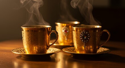 Fototapeta premium Golden Tea Cup with Steam