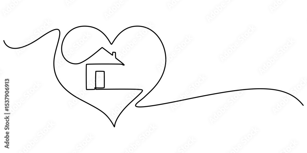 Poster home sweet home continuous line icon, minimalistic one line drawing of house within heart shape symb