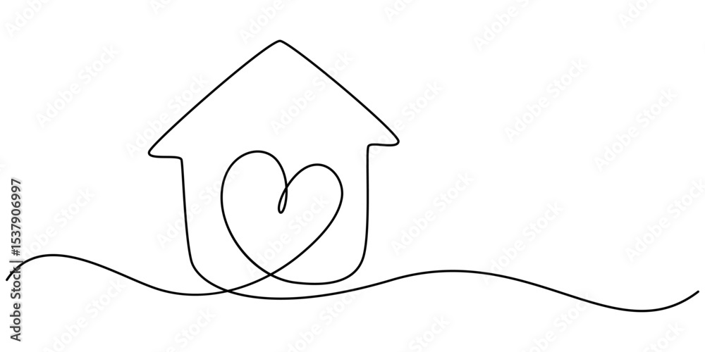 Aufkleber home sweet home continuous line icon, minimalistic one line drawing of house within heart shape symb