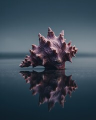 Fototapeta premium Sole Conch Shell Reflection on Calm Water, DarkBackdrop, High Contrast, Surreal Clean Aesthetics