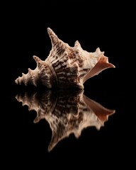 Sole Conch Shell Reflection on Calm Water, DarkBackdrop, High Contrast, Surreal Clean Aesthetics