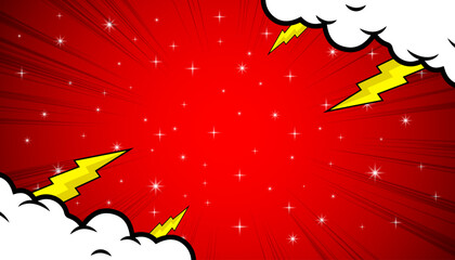 comic background with cartoon style design of clouds, lightning and stars. vector illustration.