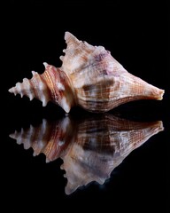 Obraz premium Sole Conch Shell Reflection on Calm Water, DarkBackdrop, High Contrast, Surreal Clean Aesthetics