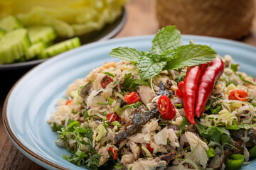 Mackerel salad, traditional Thai food, spicy and refreshing. The concept of authentic Thai food recipes that are highly popular.