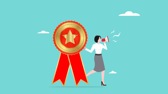 Employee of the month award winner announcement, reward or recognition for good performance, high performance champion on office, business woman announces Employee of the month winner with megaphone