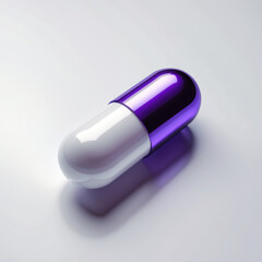 A white capsule pill tablet with a purple accent, seamlessly isolated on a flawless, pure, and crisp white background