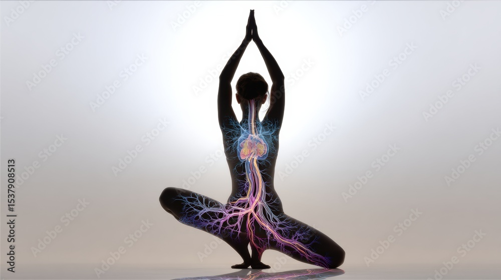 Poster exploration of the nervous system through the art of yoga with a silhouette in a meditative pose