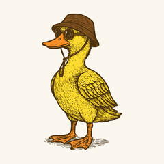 Cool Duck Illustration, Duck with Sunglasses, Funny Duck Character Drawing, Vintage Duck Cartoon, Hipster Duck in Bucket Hat