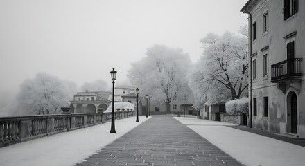 Snowy Town Square with Cobblestone Path, Streetlights, and Distant Arches