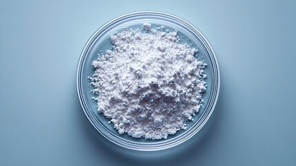 Top view of fine white powdered zinc oxide in a clear glass petri dish. Crystalline texture captured in a clean, minimal scientific setup on a neutral grey background. Macro-style laboratory photo.


