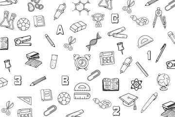 Various of school elements seamless set on white background. Sketch of stationary on white board. Line art of back to school