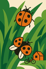 Cute Ladybugs Flying Over Green Meadow Vector Illustration