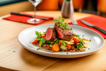 Juicy filet mignon steak on colorful salad dinner plate, restaurant presentation