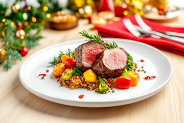 Juicy filet mignon steak on colorful salad dinner plate, restaurant presentation