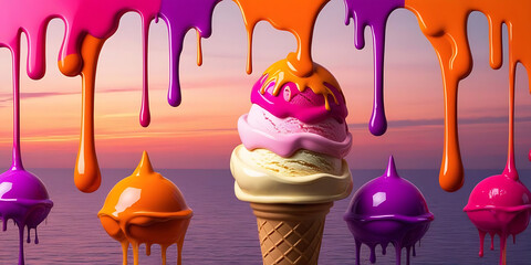 Pink Orange and Yellow Cone Against Colorful Sky

