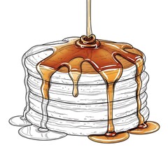Stack of Pancakes with Dripping Syrup Breakfast Food Isolated Sketch