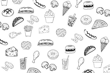 Various of fast food seamless set on white background. Sketch of junk food isolated. Line art of food and drink