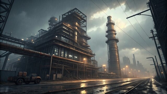 Brooklyn Bridge at night, New York City skyline with industrial gas towers and the reflection of city lights on the water