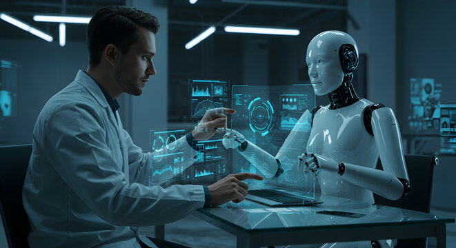 Scientist interacting with a robot, futuristic research and ai technology concept