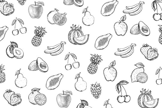 Various of fruits seamless set on white background. Sketch of fruits on white board. Line art of fruit