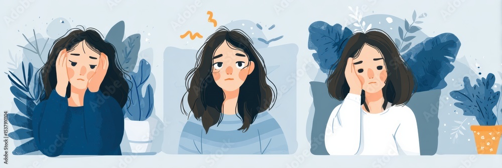 Poster visual reminders for emotional self-care featuring three expressions of distress and contemplation d