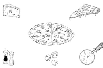 Pizza set on white background. Sketch of pizza on white board. Illustration of cheese pizza