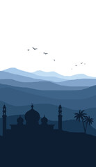 flat vector mountain scenery with mosque silhouette vertical simple background