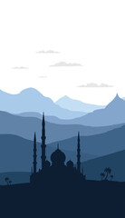Obraz premium flat vector mountain scenery with mosque silhouette vertical simple background