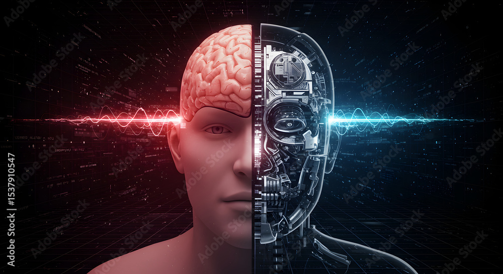 Poster conceptual image of human brain merged with robotic technology and data
