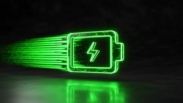 Glowing green battery icon with lightning bolt symbolizing energy and power, set against a dark background