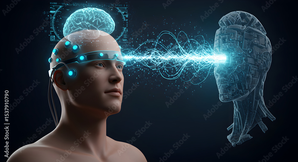 Poster futuristic illustration of brain-computer interface and neural network connection