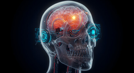 Futuristic depiction of the human brain inside a transparent skull with technology
