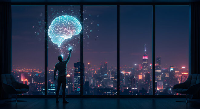 Conceptual Image of a Man Interacting with a Digital Brain Overlooking City