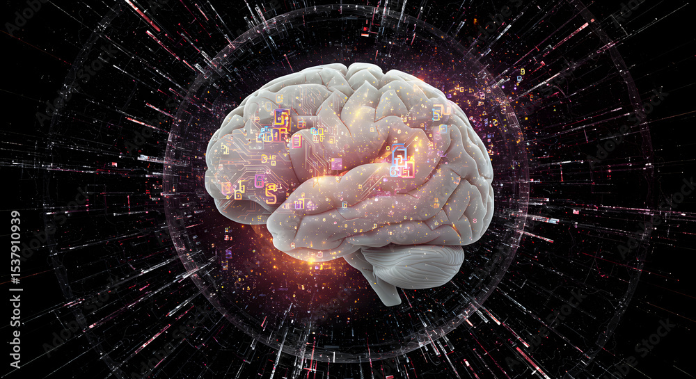 Poster conceptual image of brain with digital elements representing intelligence and technology