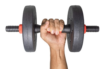 male hand holding black dumbbell isolated on white background. transparent png