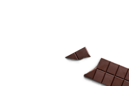 Broken organic dark chocolate bar isolated on a transparent background with shadow from above, top view, png