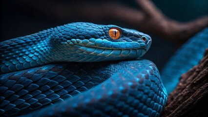 A dangerous close-up of a red rattlesnake's head with scales and an eye in the wild grass