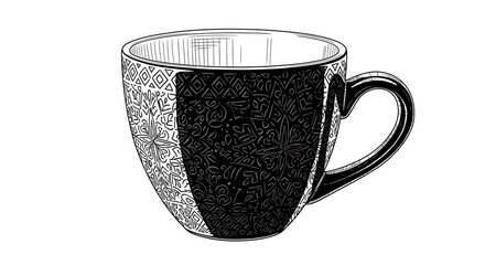 Stylized Ink Drawing of Coffee Mug with Intricate Floral and Geometric Pattern