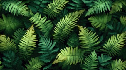 Lush fern foliage pattern, vibrant green, dark background, nature backdrop