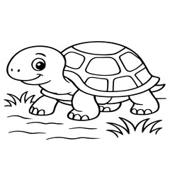 A slow-moving turtle walks on the ground, illustrated in a clean black-and-white line drawing, perfect for a relaxing coloring activity.