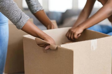 Two people packing belongings into cardboard boxes for relocation to a new apartment, organizing personal items., Generative AI