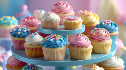An Abundant and Appetizing Display of Individually Frosted Cupcakes in Soft Pastel Hues of Pink, Blue, and Yellow