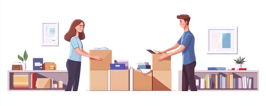 Two people packing belongings into cardboard boxes, preparing for a relocation to a new apartment., Generative AI