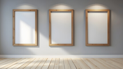 Trio of Identical Empty Picture Frames with Warm-Toned Wooden Borders Hung Evenly on a Neutral Grey Wall