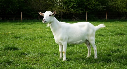 Fototapeta premium Majestic White Goat Grazing in Lush Green Pasture