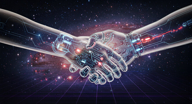 Digital handshake between humans and artificial intelligence in space concept